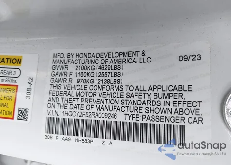 2024 Honda Accord Hybrid Sport from USA, damaged, VIN 1HGCY2F52RA009246